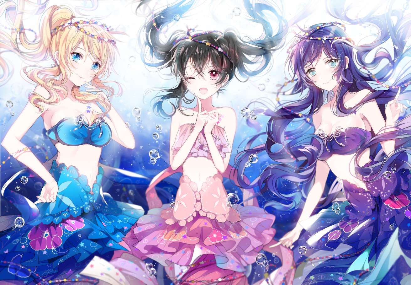 ayase_eri, black_hair, blonde_hair, blue_eyes, bubbles, long_hair, love_live!_school_idol_project, mermaid, n_n_(vbdpsep), purple_eyes, toujou_nozomi, underwater, water, wink, yazawa_nico