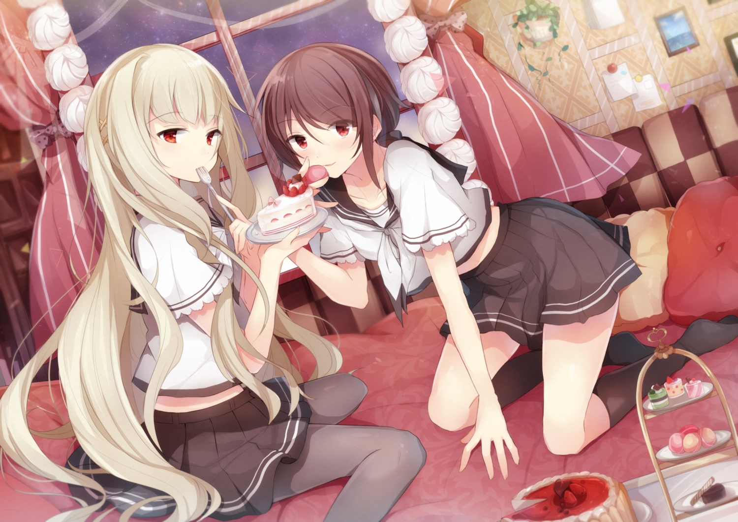 2girls, blonde_hair, brown_hair, cake, food, hiiragi_souren, kneehighs, long_hair, original, pantyhose, red_eyes, school_uniform, skirt