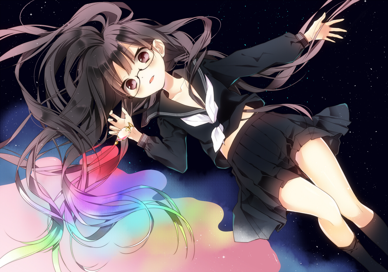 black_hair, blush, brown_eyes, glasses, kneehighs, long_hair, naoto_(tulip), original
