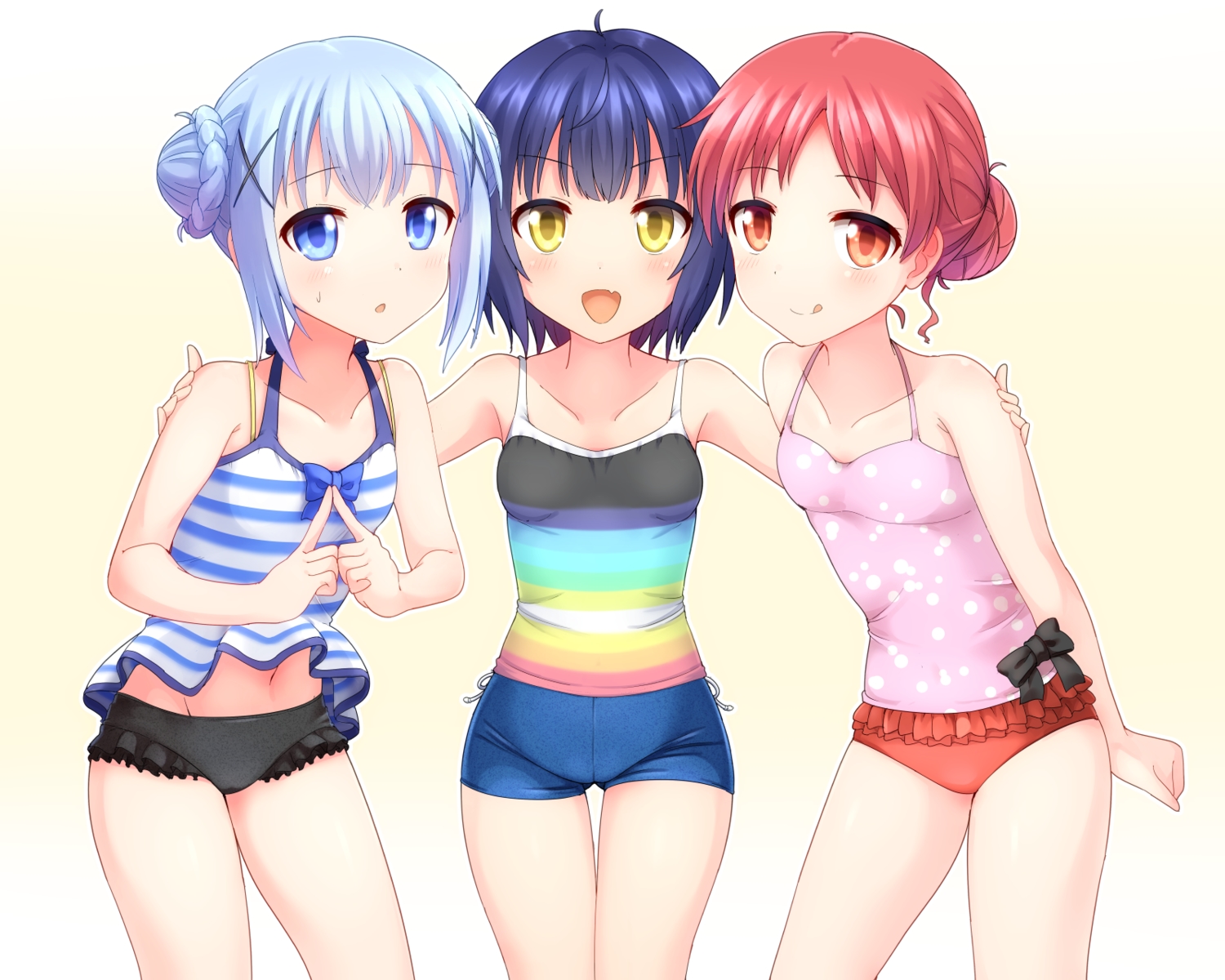 aliasing, fang, faubynet, gochuumon_wa_usagi_desu_ka?, jouga_maya, kafuu_chino, loli, natsu_megumi, swimsuit, white