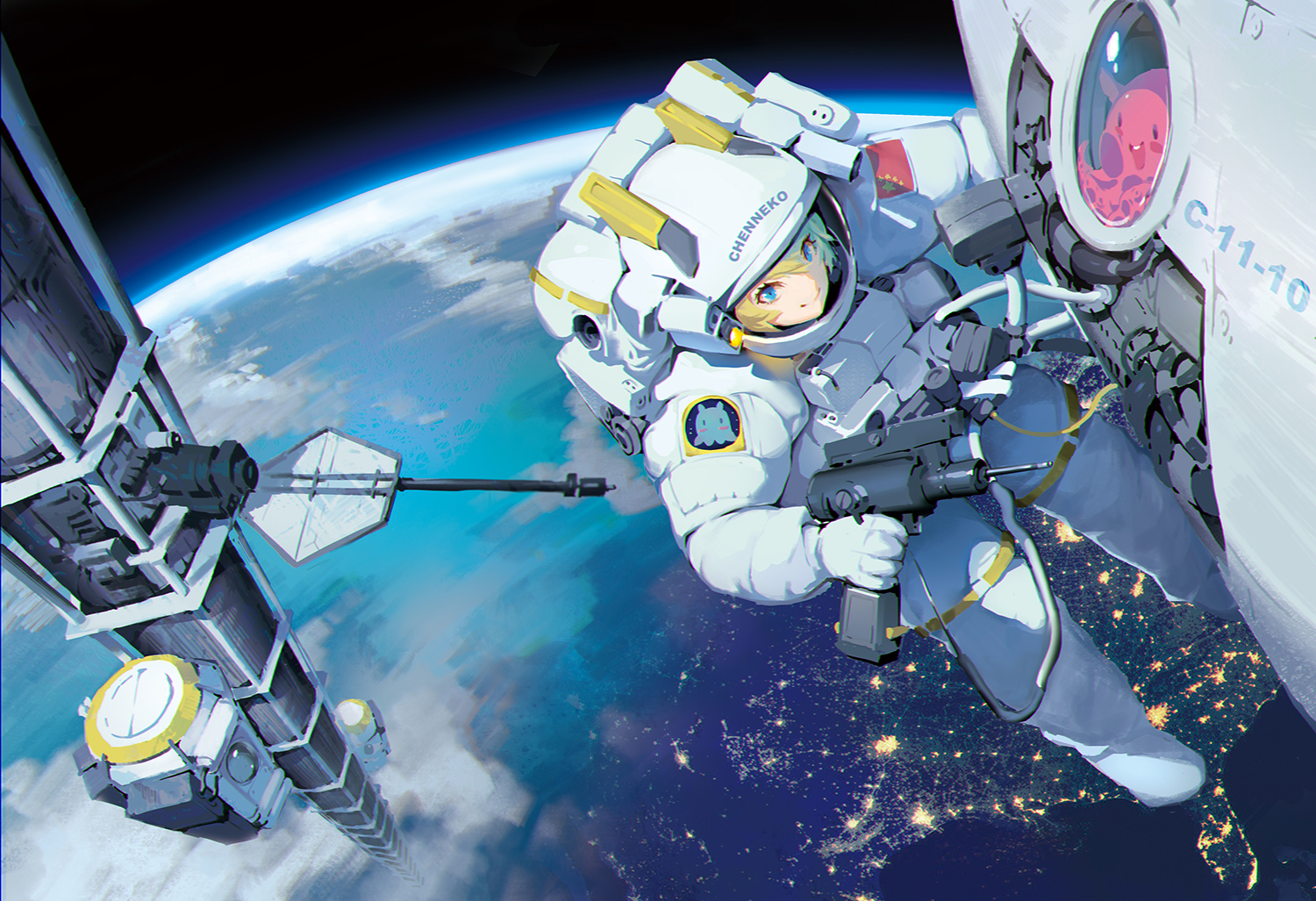 aqua_eyes, blonde_hair, bodysuit, earth, guodu_jiang, original, planet, space