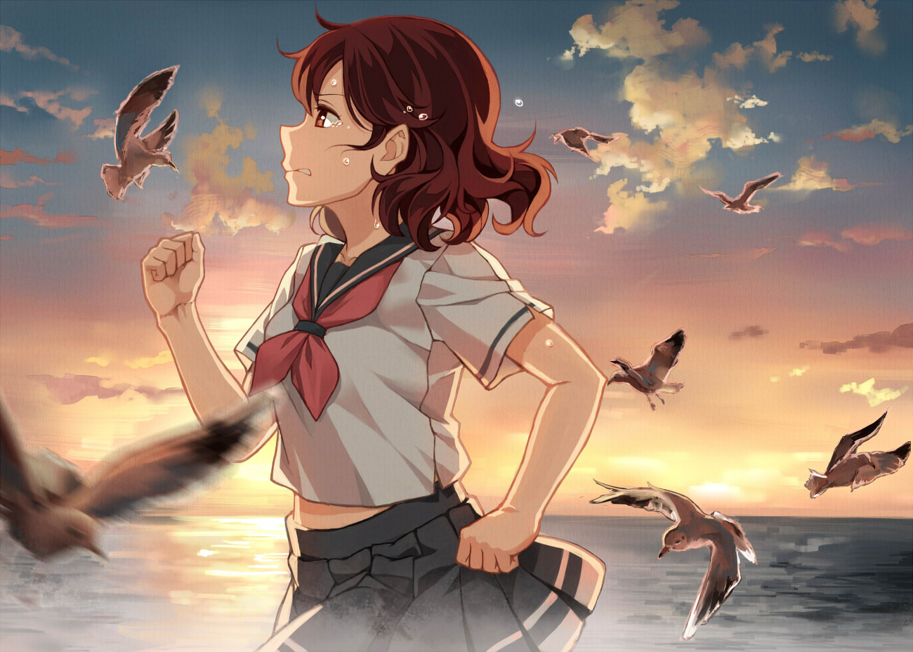 animal, bird, brown_eyes, brown_hair, cheese_kang, clouds, crying, hibike!_euphonium, oumae_kumiko, school_uniform, skirt, sky, sunset, tears, water, wings