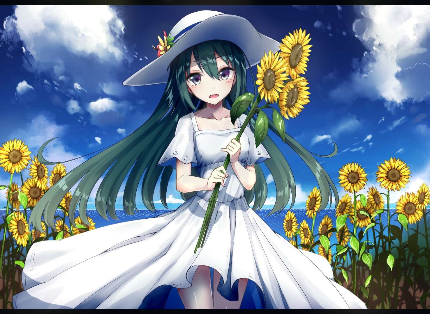 blush, clouds, dress, flowers, green_hair, hat, heavens_thunder_(byakuya-part2), long_hair, original, sky, summer, summer_dress, sunflower, water