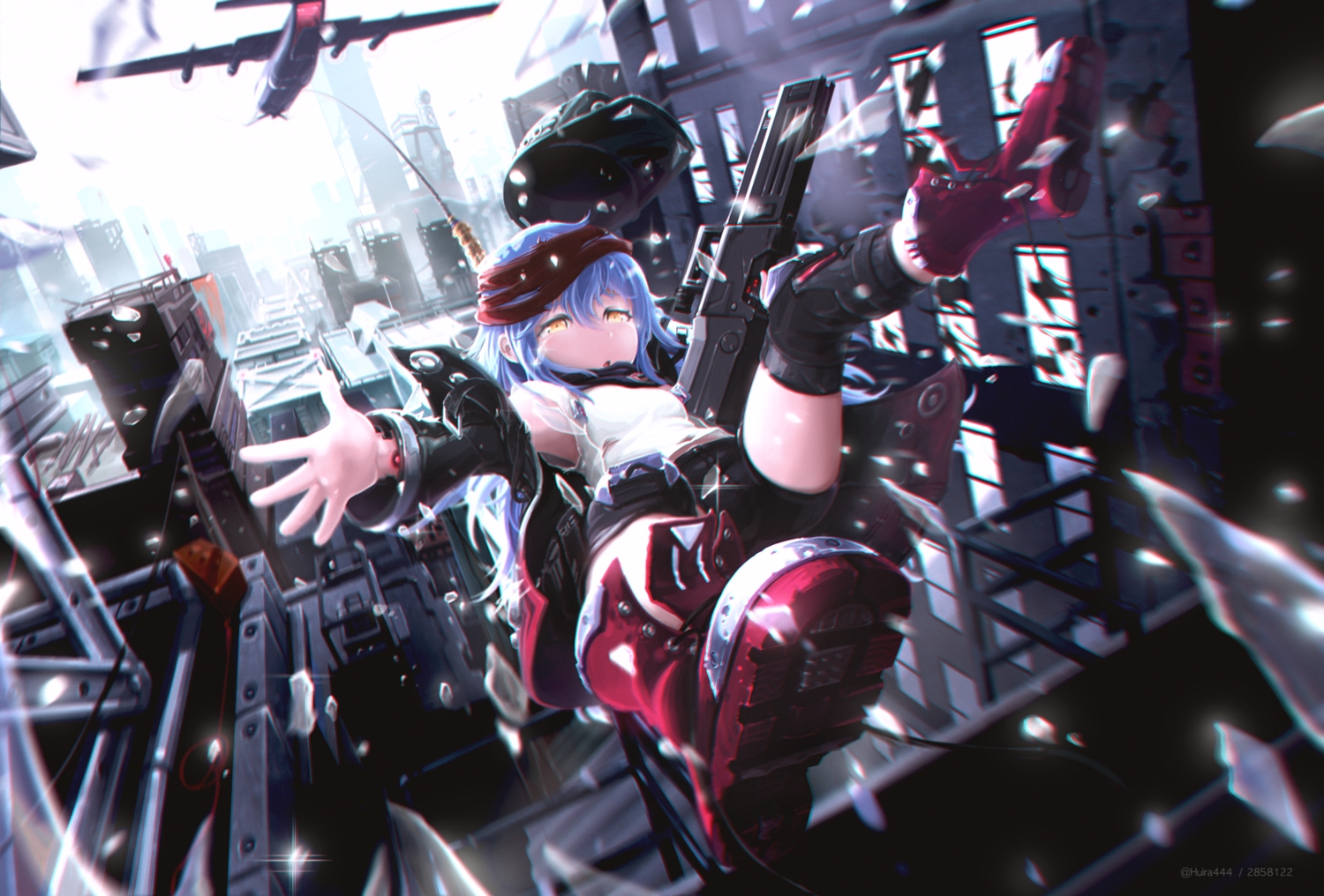 aircraft, anthropomorphism, boots, building, city, g11_(girls_frontline), girls_frontline, gun, huira444, long_hair, shorts, thighhighs, watermark, weapon, yellow_eyes