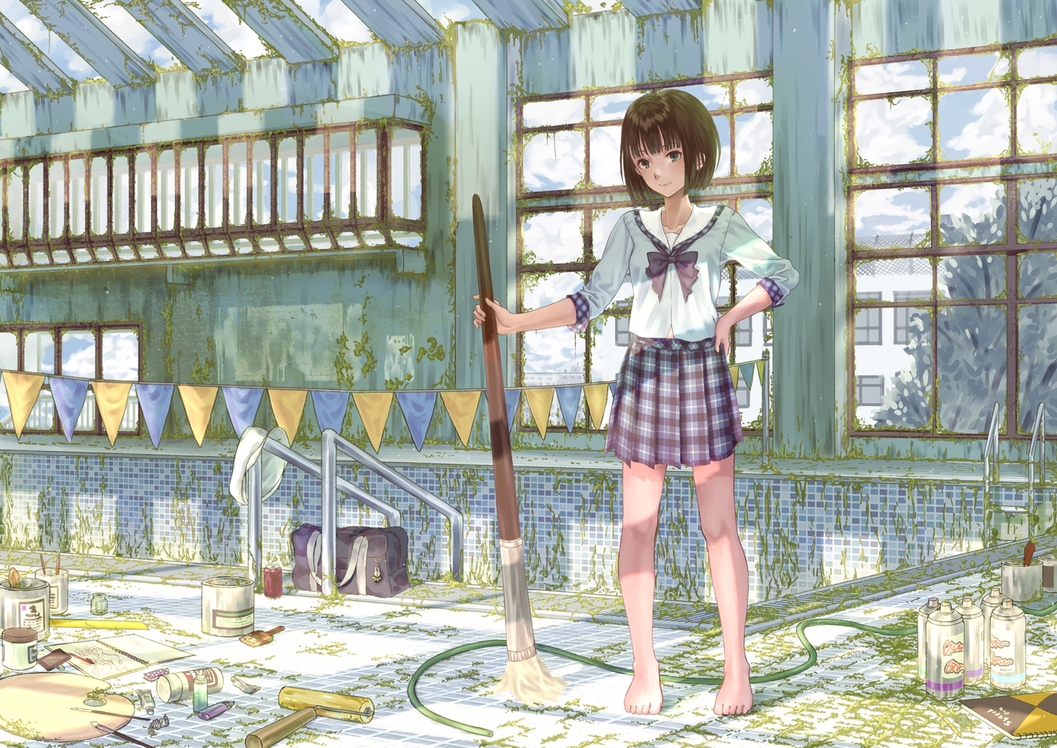 bow, brown_hair, original, pool, roki_(0214278), school_uniform, short_hair, skirt
