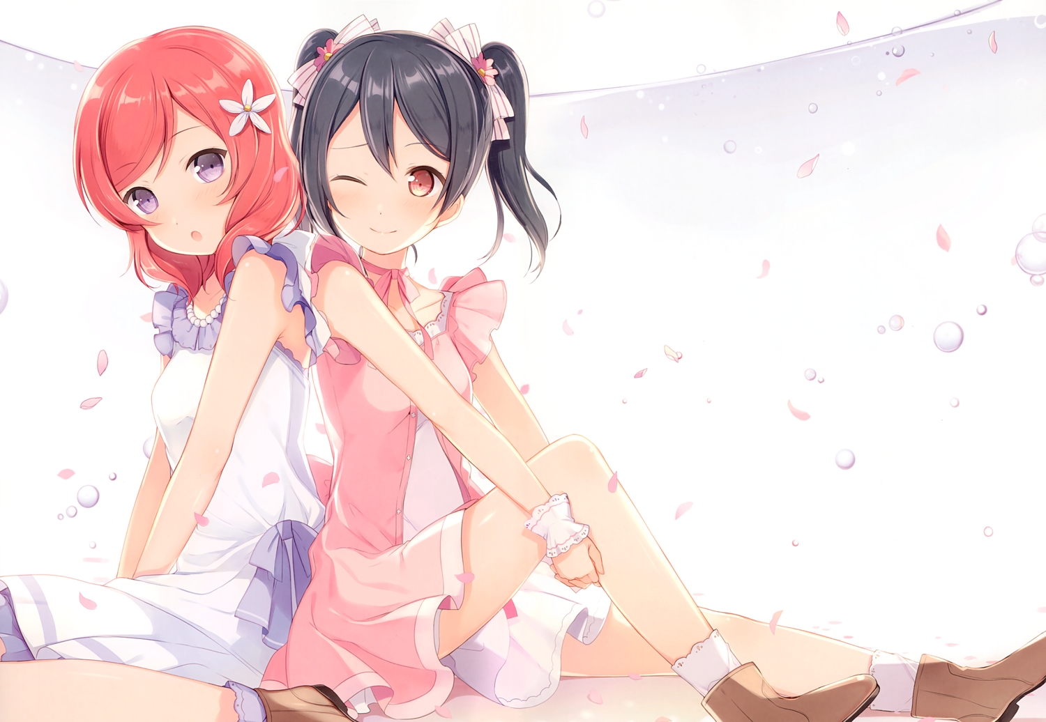 2girls, 6u_(eternal_land), black_hair, blush, boots, dress, love_live!_school_idol_project, nishikino_maki, petals, purple_eyes, red_hair, ribbons, scan, short_hair, twintails, wink, wristwear, yazawa_nico