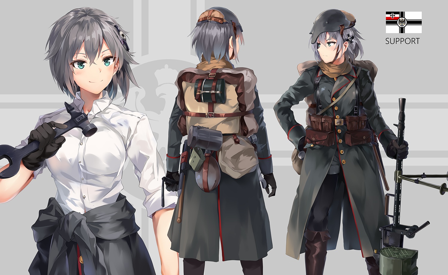 battlefield_(series), blush, gloves, gray_hair, green_eyes, gun, hat, neko_(yanshoujie)