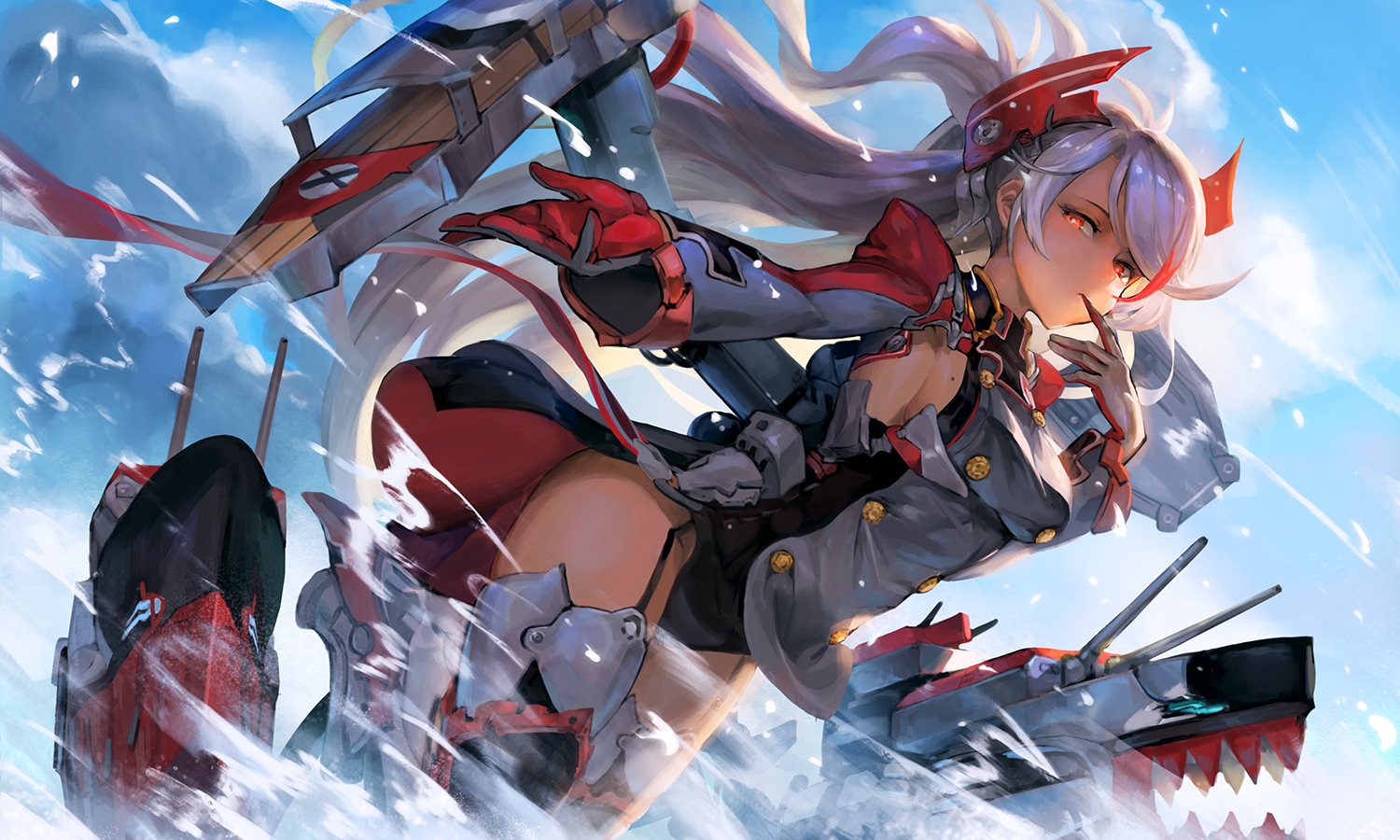 anthropomorphism, azur_lane, clouds, ecens, garter_belt, gloves, long_hair, orange_eyes, prinz_eugen_(azur_lane), sky, stockings, uniform, water, white_hair