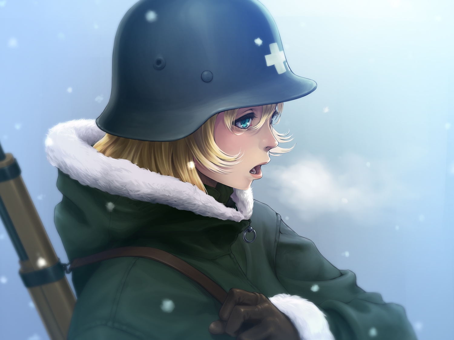 aqua_eyes, blonde_hair, fool_(fuckinfool), gloves, gun, hat, military, short_hair