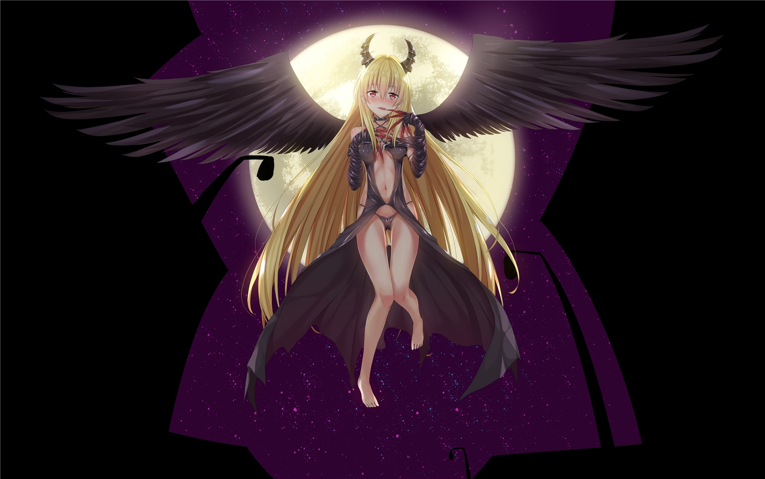 barefoot, blonde_hair, blush, golden_darkness, horns, long_hair, moon, navel