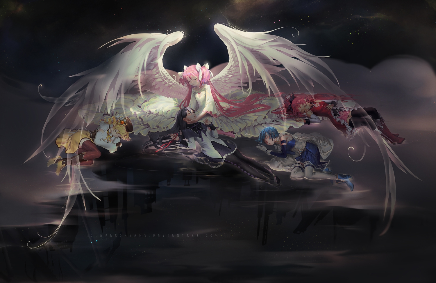 akemi_homura, black_hair, blonde_hair, blue_hair, boots, bow, dress, gloves