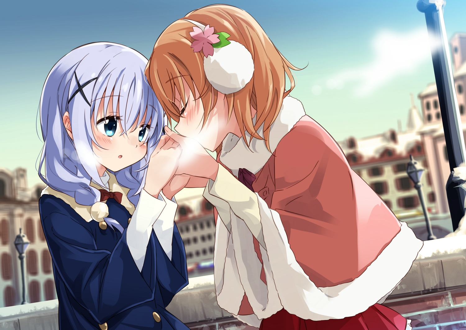 2girls, blue_eyes, blush, bow, braids, building, clouds, flowers