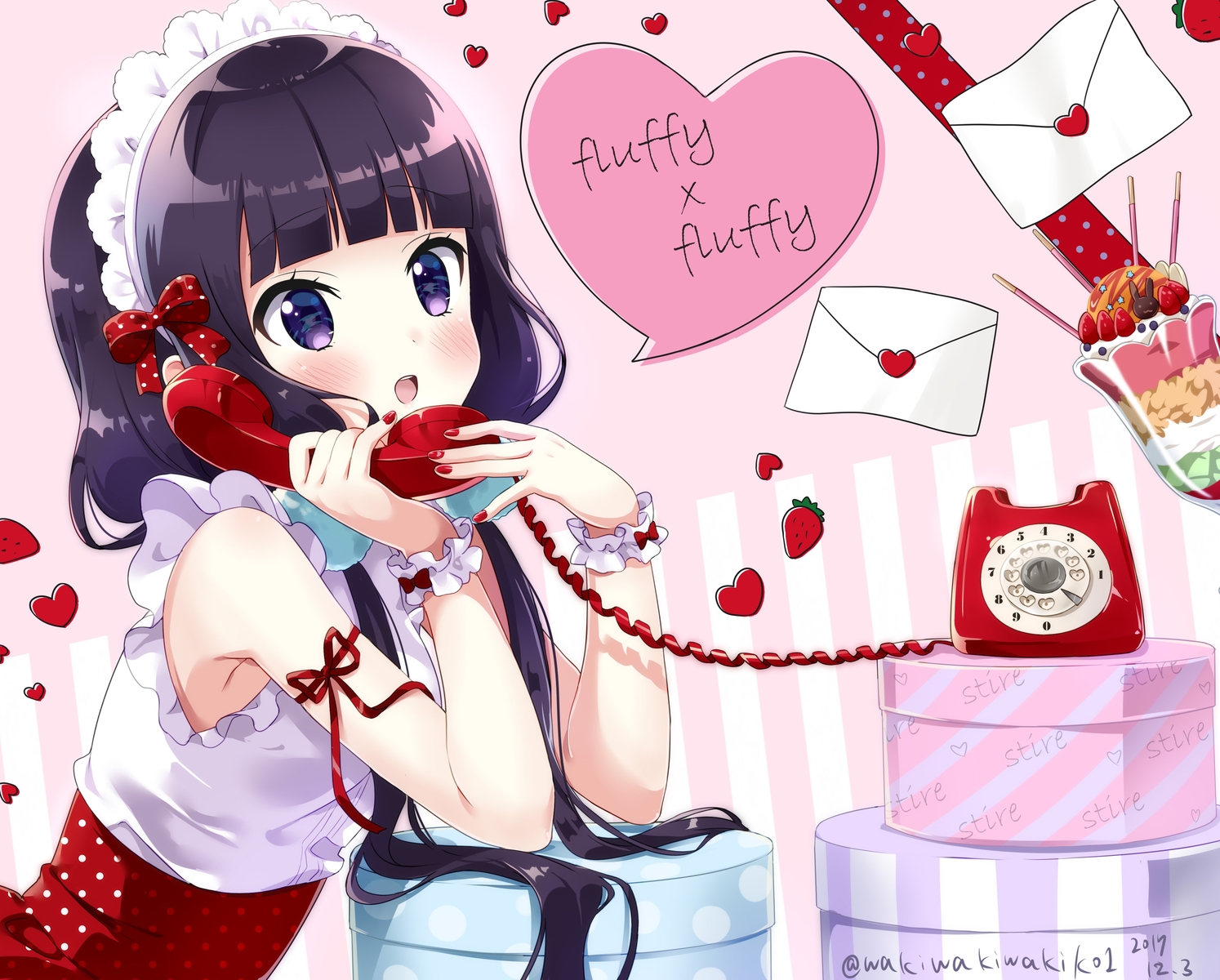 black_hair, blend_s, blush, food, fruit, long_hair, neki_(wakiko), purple_eyes