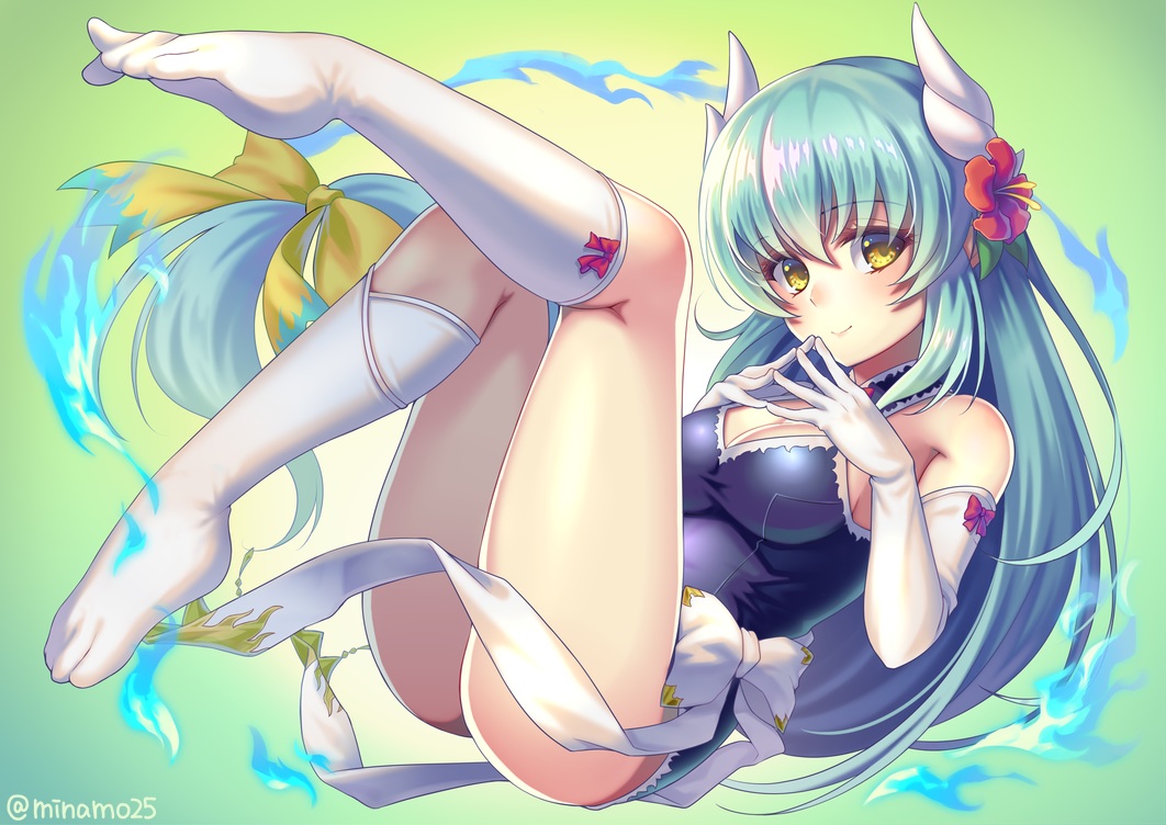 aqua_hair, bow, breasts, cleavage, elbow_gloves, fate/grand_order, fate_(series), flowers, gloves, kiyohime_(fate/grand_order), kneehighs, long_hair, minamo25, school_swimsuit, signed, swimsuit, yellow_eyes