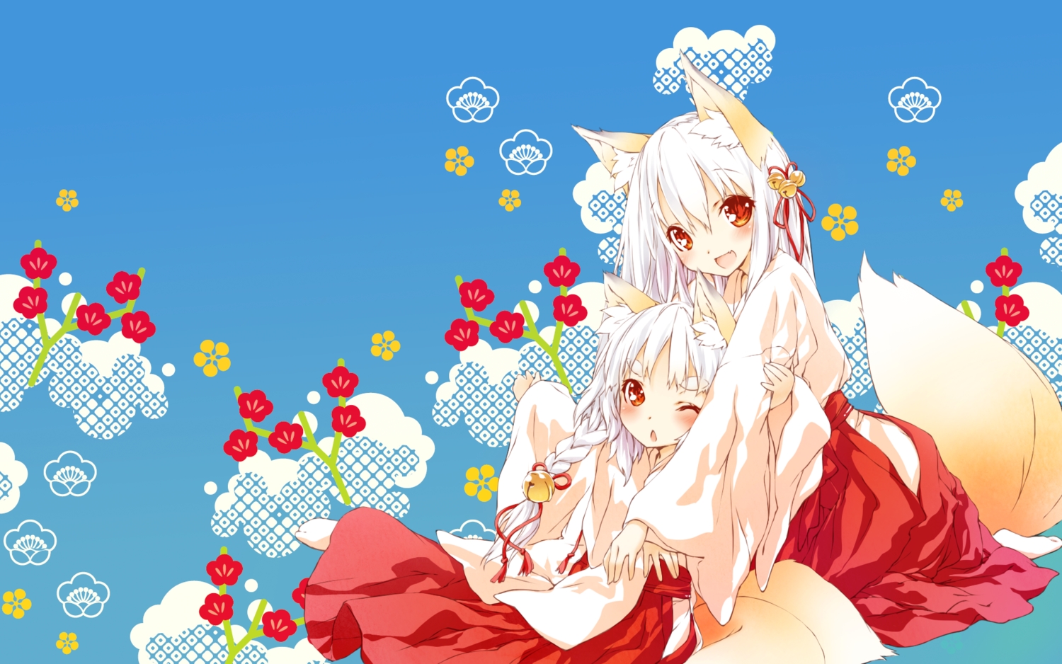 animal_ears, foxgirl, japanese_clothes, loli, miko, original, red_eyes, saeki_touma, tail, white_hair