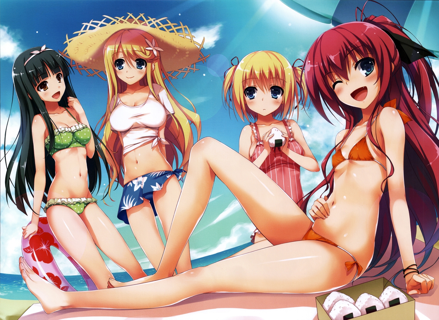 arasaki_momoe, barefoot, beach, bikini, black_hair, blonde_hair, blue_eyes, blush, brown_eyes, clouds, elise_(koakuma_teeri), food, group, hat, koakuma_teeri_to_kyuuseishu!?, liz_(koakuma_teeri), long_hair, navel, red_hair, ribbons, scan, short_hair, sky, swimsuit, teeri, tomose_shunsaku, twintails, water