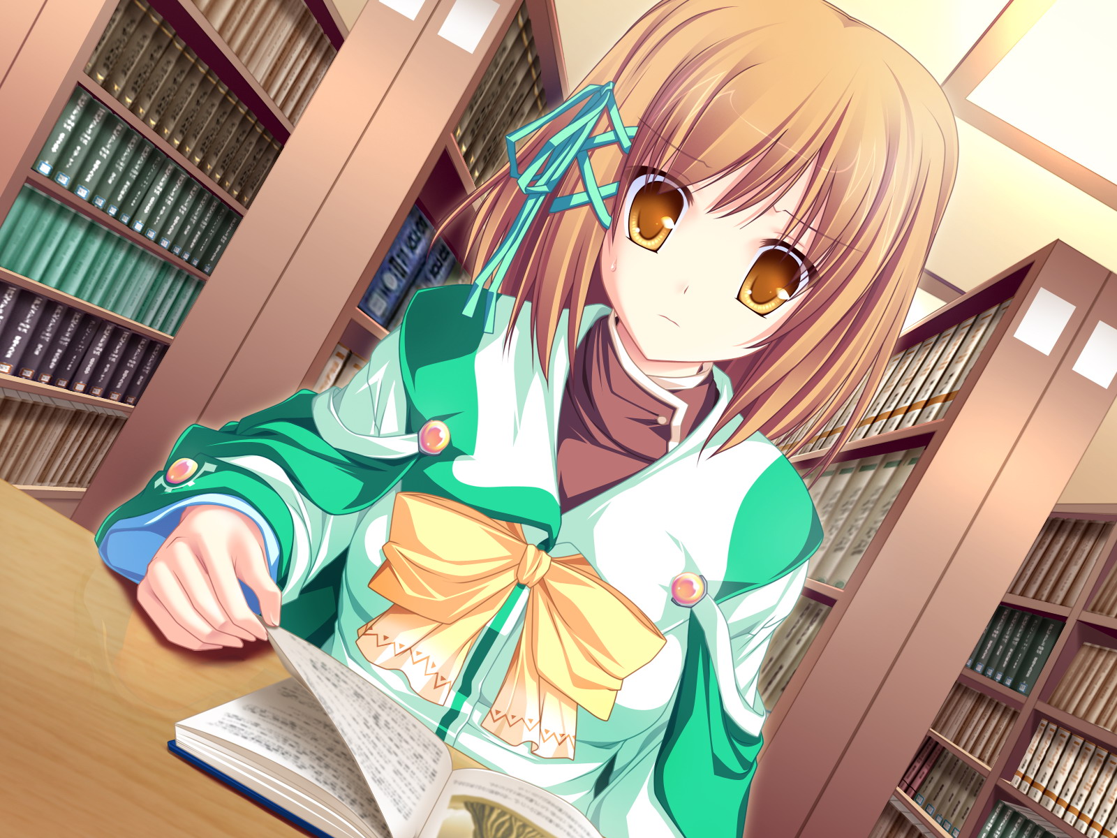 blonde_hair, book, brown_eyes, game_cg, koyuki_amagase, magus_tale, school_uniform, short_hair