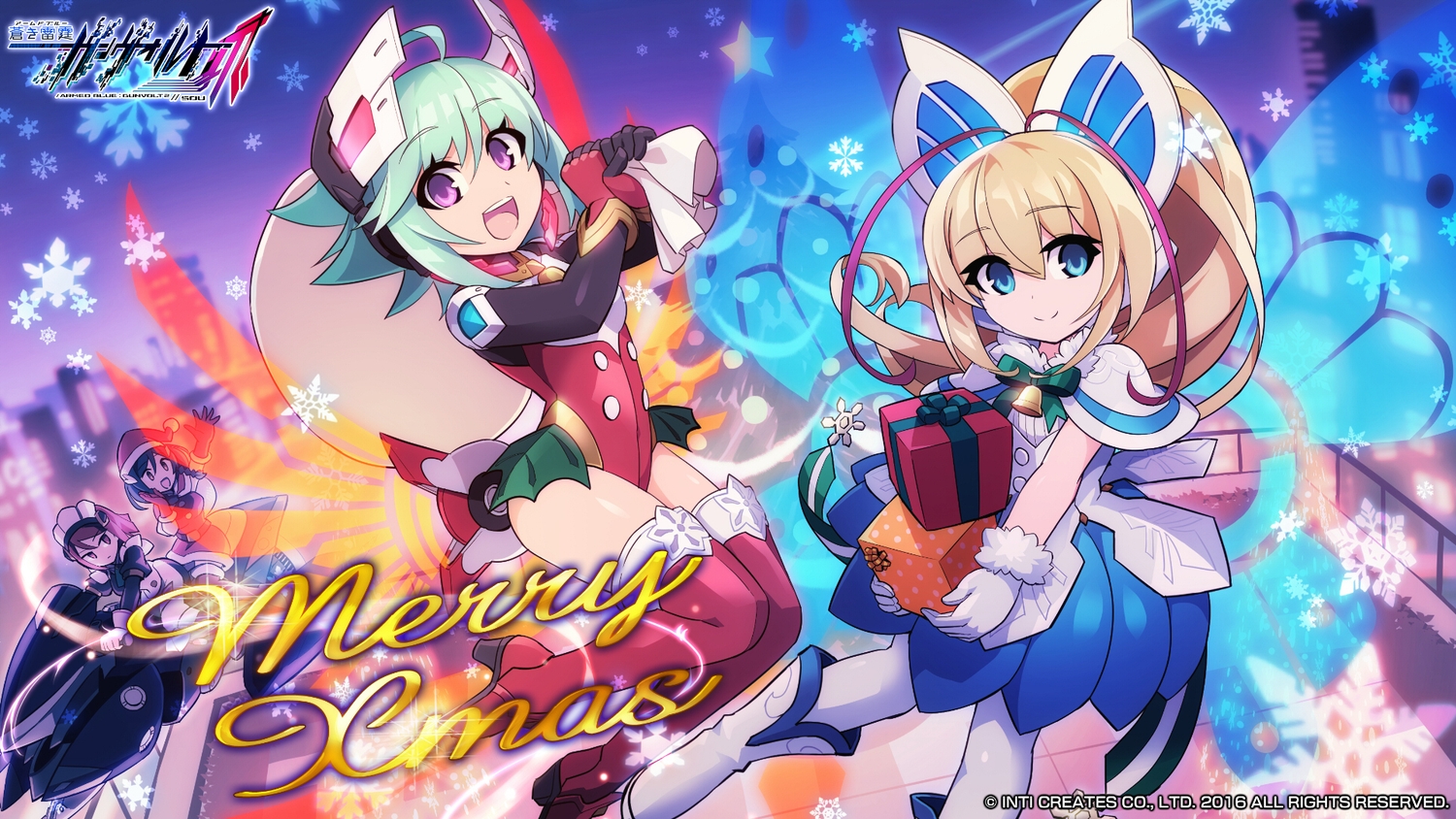 aliasing, aqua_eyes, aqua_hair, azure_striker_gunvolt, bell, blonde_hair, bodysuit, boots, bow, christmas, gloves, group, hat, joule_(azure_striker_gunvolt), logo, lola_(azure_striker_gunvolt), long_hair, nori_(azure_striker_gunvolt), pantyhose, purple_eyes, quinn_sakurazaki, ribbons, santa_hat, short_hair, tagme_(artist), thighhighs, wings