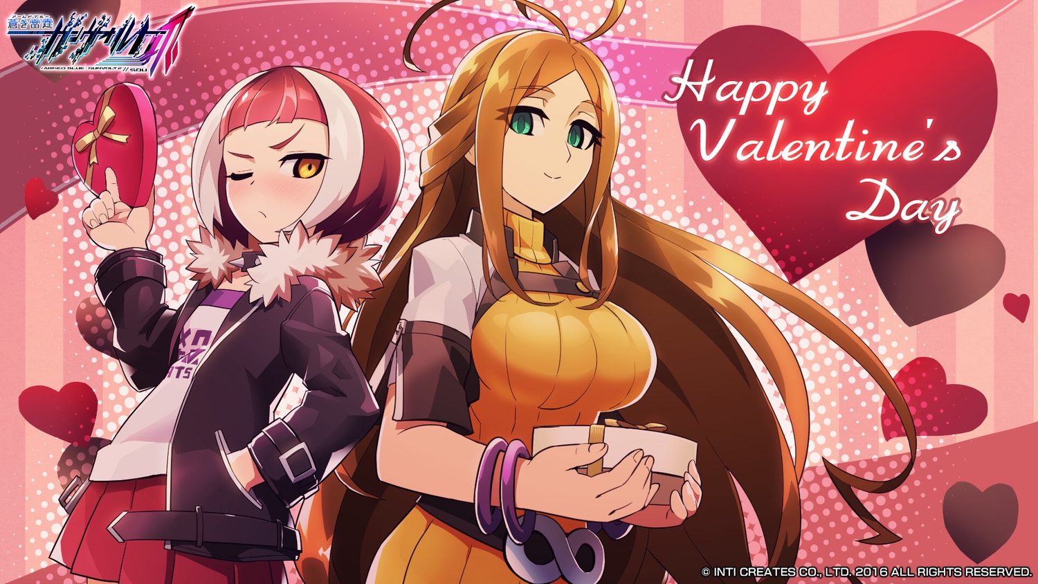 azure_striker_gunvolt, breasts, brown_hair, desna_(azure_striker_gunvolt), gibril_(azure_striker_gunvolt), green_eyes, logo, long_hair, short_hair, skirt, tagme_(artist), valentine, wink, wristwear, yellow_eyes
