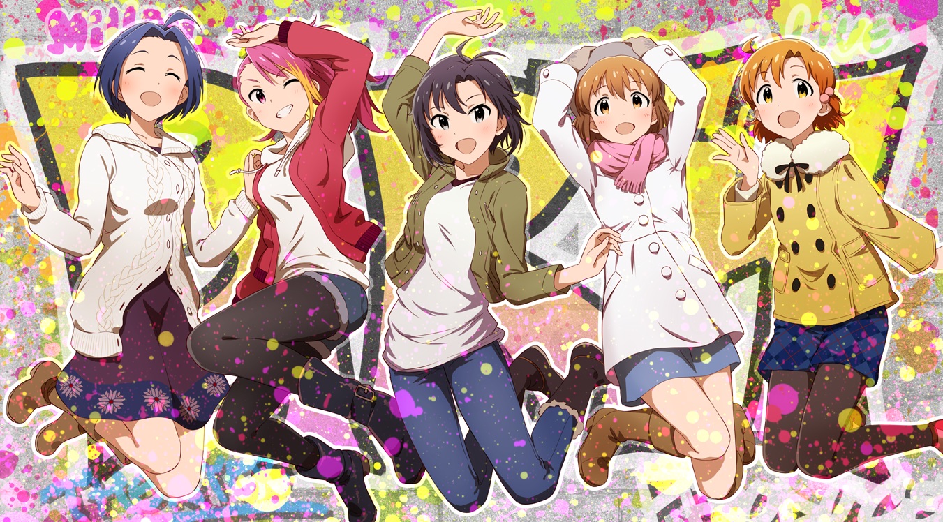 black_hair, blue_hair, boots, brown_eyes, brown_hair, group, hagiwara_yukiho, idolmaster