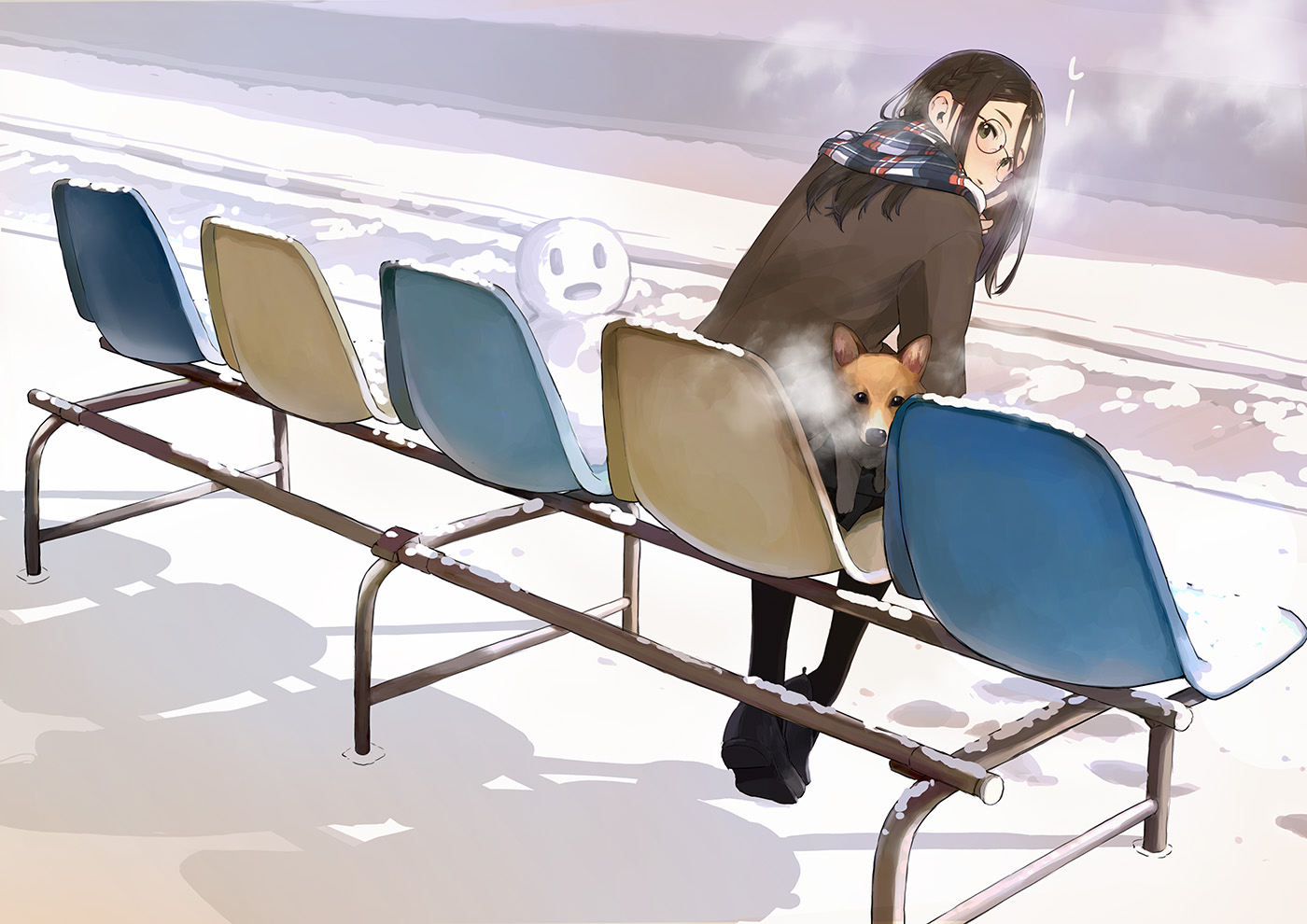 animal, braids, brown_hair, dog, glasses, green_eyes, jpeg_artifacts, long_hair