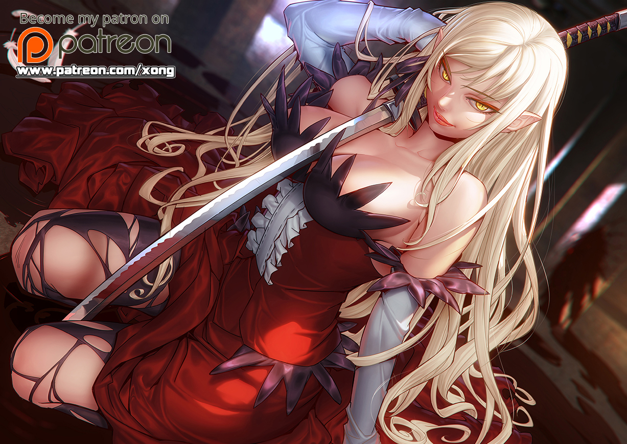bakemonogatari, blonde_hair, breasts, cleavage, elbow_gloves, gloves, kissshot_acerolaorion_heartunderblade, kizumonogatari, logo, long_hair, monogatari_(series), oshino_shinobu, pantyhose, pointed_ears, sword, torn_clothes, vampire, watermark, weapon, xong, yellow_eyes