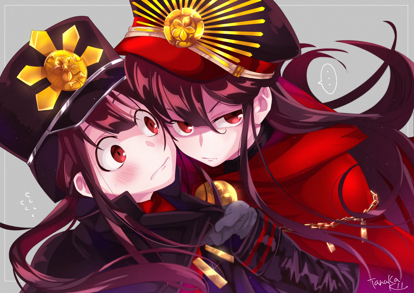 blush, brown_hair, cape, fate/grand_order, fate_(series), gloves, hat, long_hair, male, nobukatsu_oda_(fate), nobunaga_oda_(fate), red_eyes, signed, tanaka_kii
