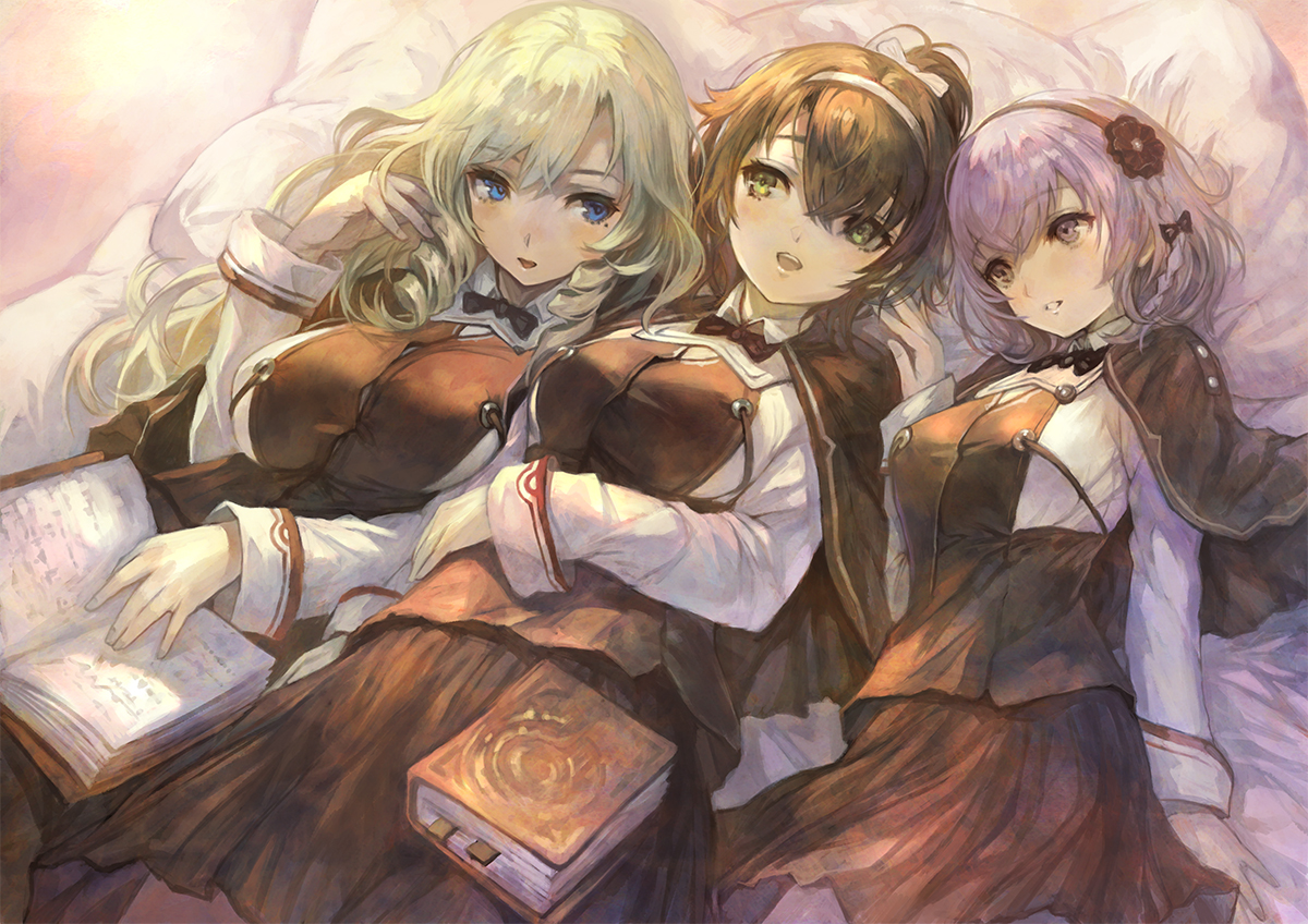 alushe_anatolia, bed, blonde_hair, blue_eyes, book, bow, braids, brown_hair, dress, green_eyes, liliana_sailfin, long_hair, louenhide_ariarhod, pink_eyes, pink_hair, ponytail, short_hair, yoru_no_nai_kuni, yoshiku_(oden-usagi)