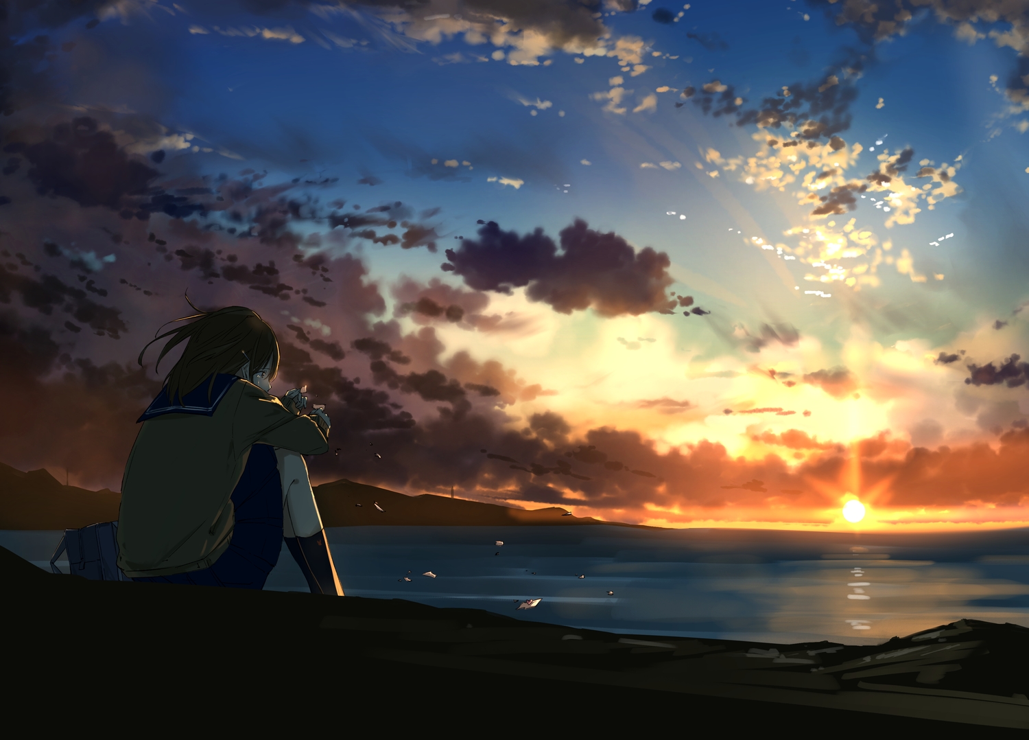 brown_eyes, brown_hair, clouds, crying, kneehighs, mamigo, original, scenic, school_uniform, short_hair, skirt, sky, sunset, tears, water