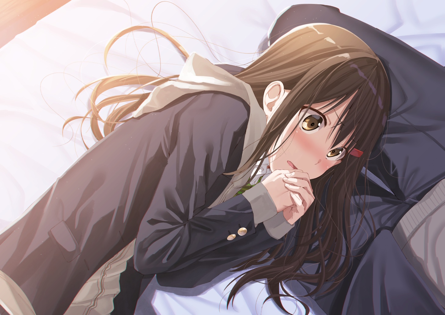 blush, brown_eyes, brown_hair, kukiha, long_hair, male, original, scarf, school_uniform