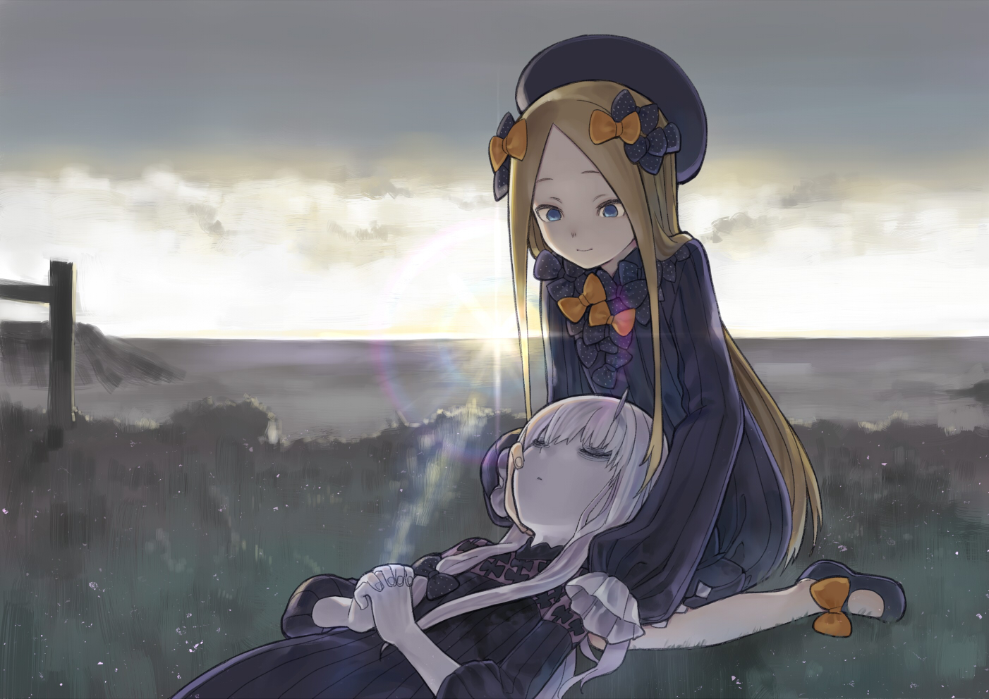 2girls, abigail_williams_(fate/grand_order), blonde_hair, blue_eyes, bow, clouds, fate/grand_order, fate_(series)