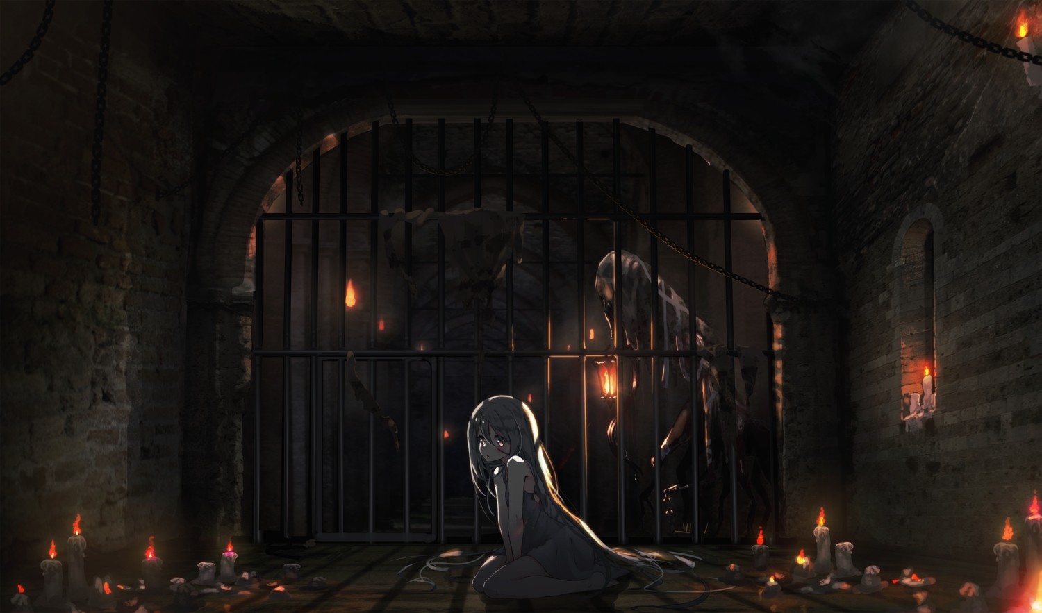 barefoot, cage, chain, dark, dress, gray_hair, long_hair, oota_youjo, original, pink_eyes, scenic, summer_dress