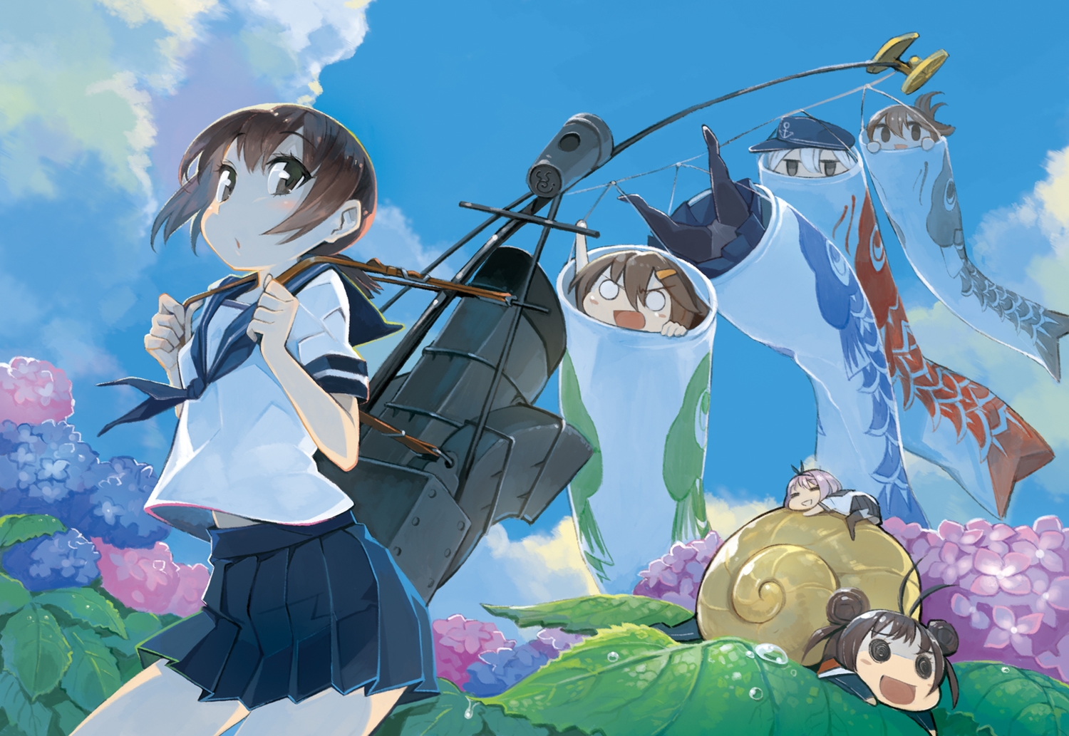 akatsuki_(kancolle), animal, anthropomorphism, brown_eyes, brown_hair, chibi, clouds, fairy_(kancolle), flowers, fubuki_(kancolle), group, hat, hibiki_(kancolle), ikazuchi_(kancolle), inazuma_(kancolle), kantai_collection, long_hair, naka_(kancolle), nonco, panties, pink_hair, ponytail, school_uniform, short_hair, skirt, sky, underwear, water, white_hair