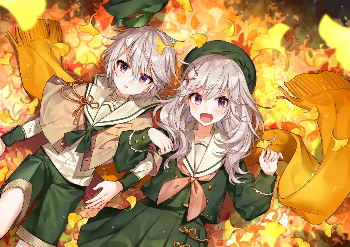 autumn, blush, cape, gray_hair, hat, leaves, long_hair, male