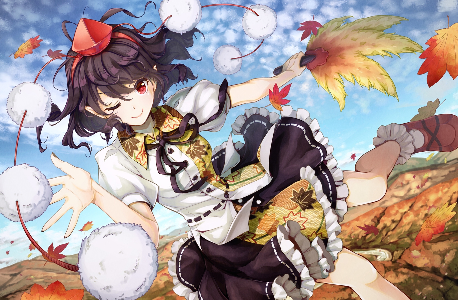 autumn, brown_hair, clouds, leaves, red_eyes, shameimaru_aya, short_hair, skirt