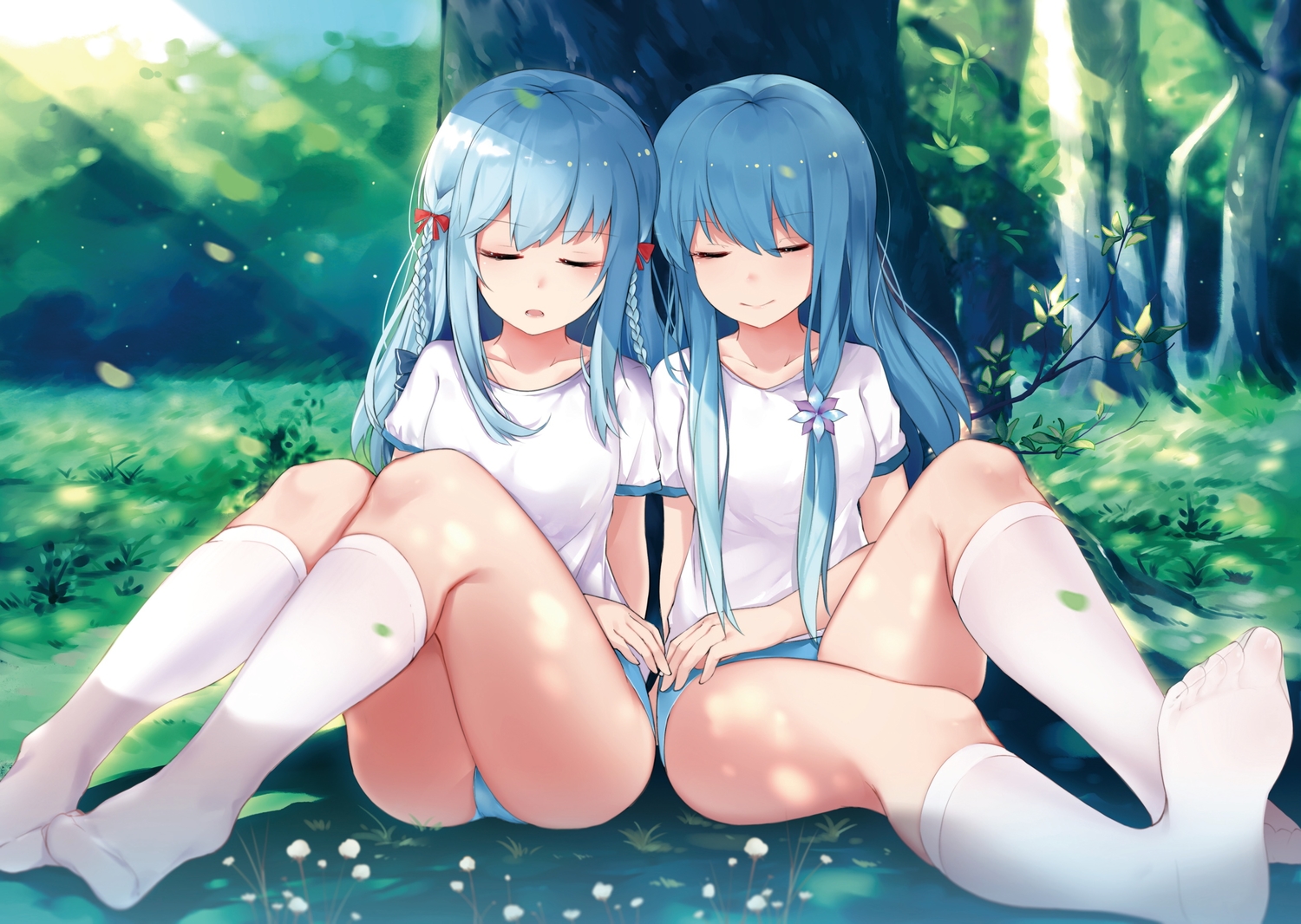 2girls, anthropomorphism, aqua_hair, bloomers, braids, fubuki_(zhanjian_shaonu), green, gym_uniform, kneehighs, long_hair, shirayuki_(zhanjian_shaonu), sleeping, stardust_(chen'ai_weiding), tree, zhanjian_shaonu