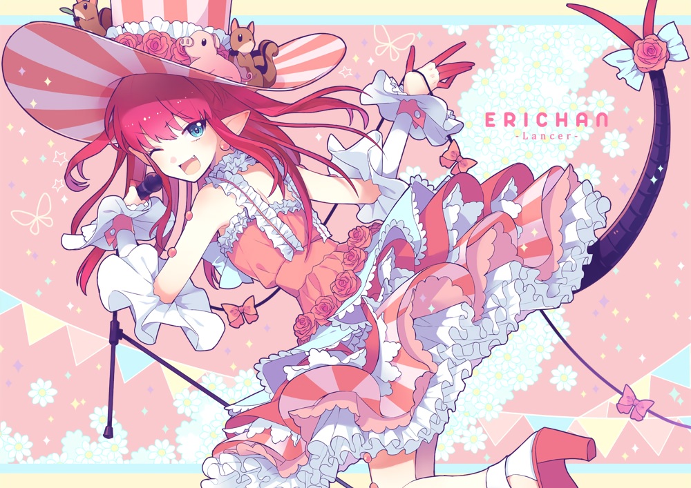 animal, aqua_eyes, bow, dress, elizabeth_bathory_(fate), fate/grand_order, fate_(series), hat, long_hair, microphone, pointed_ears, red_hair, satou_iruno, tail, wink