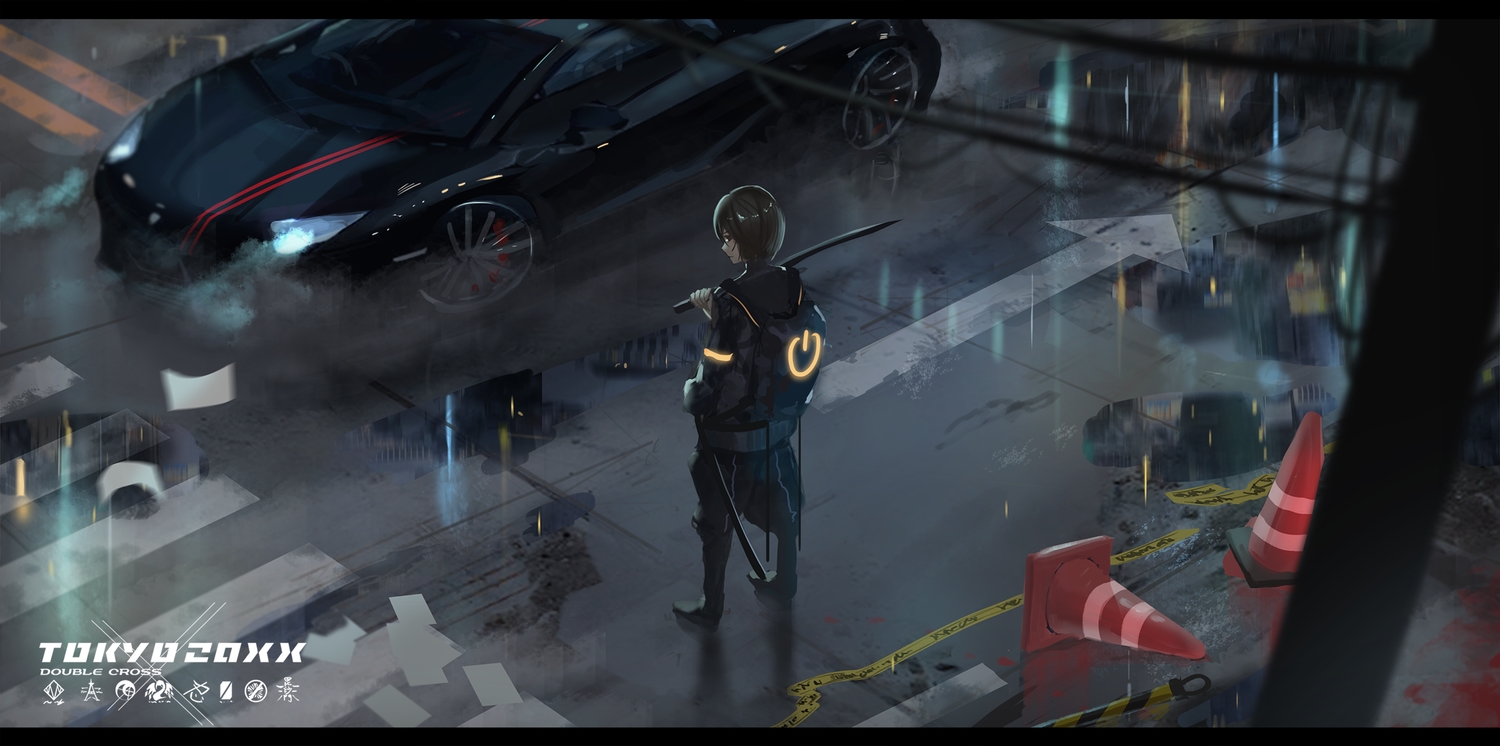 black_eyes, black_hair, car, katana, original, reflection, reido_(reido_c), scenic
