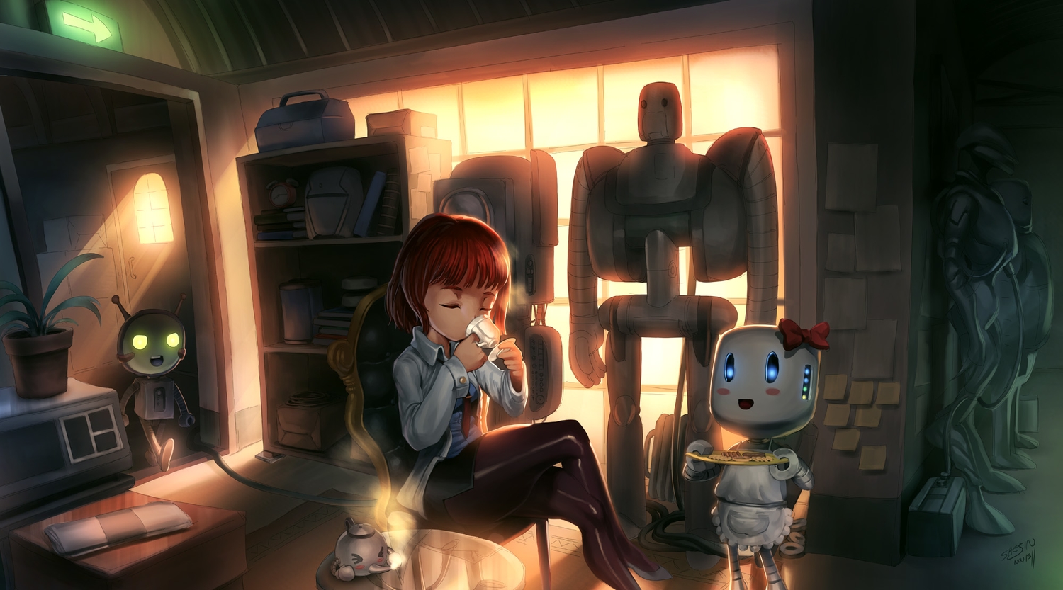 apron, bow, drink, food, original, pantyhose, robot, saejin_oh