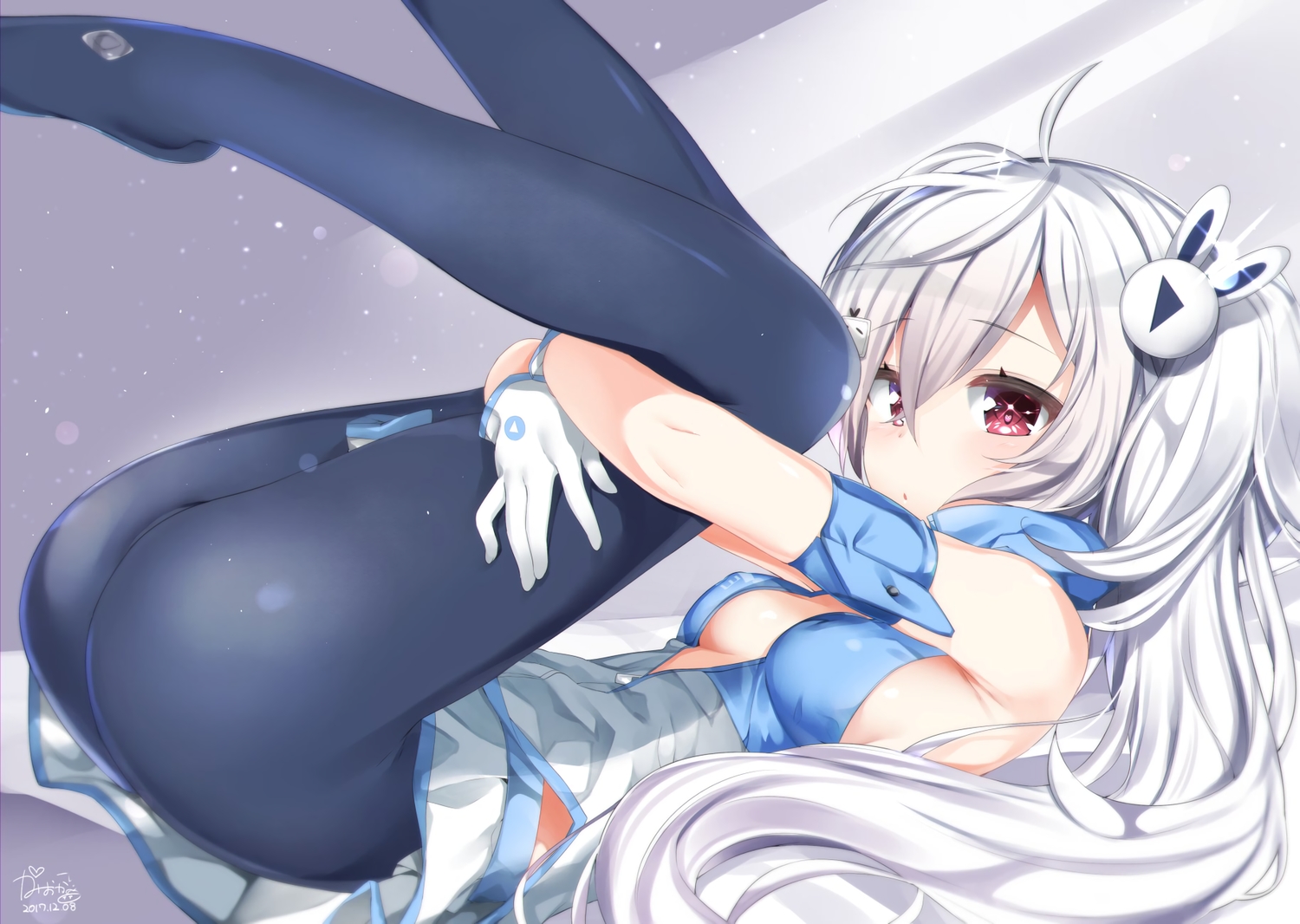 anthropomorphism, ass, azur_lane, bili_bili_douga, breasts, cosplay, gloves, kamioka_shun'ya, laffey_(azur_lane), long_hair, pantyhose, red_eyes, signed, white_hair