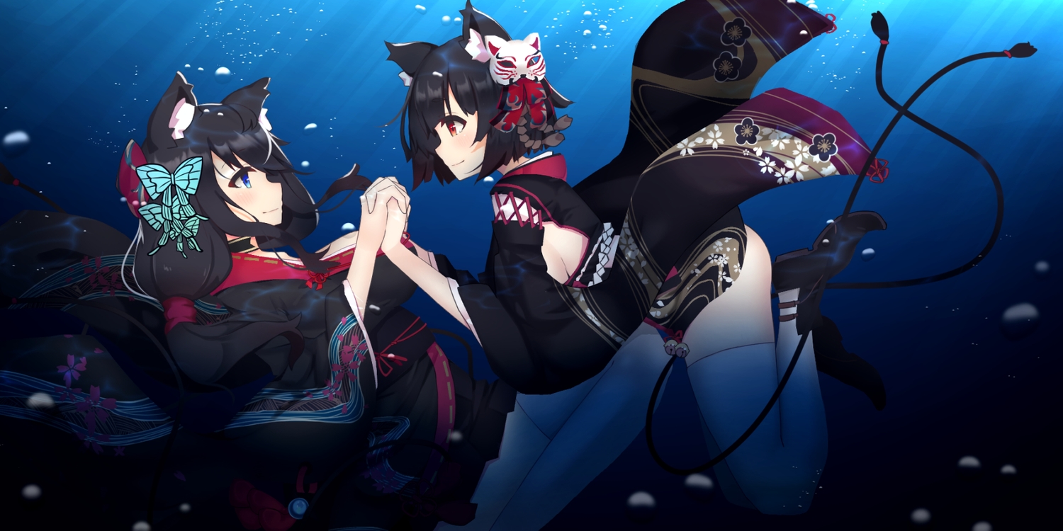 2girls, animal_ears, anthropomorphism, ashisi, ass, azur_lane, black_hair, blue_eyes