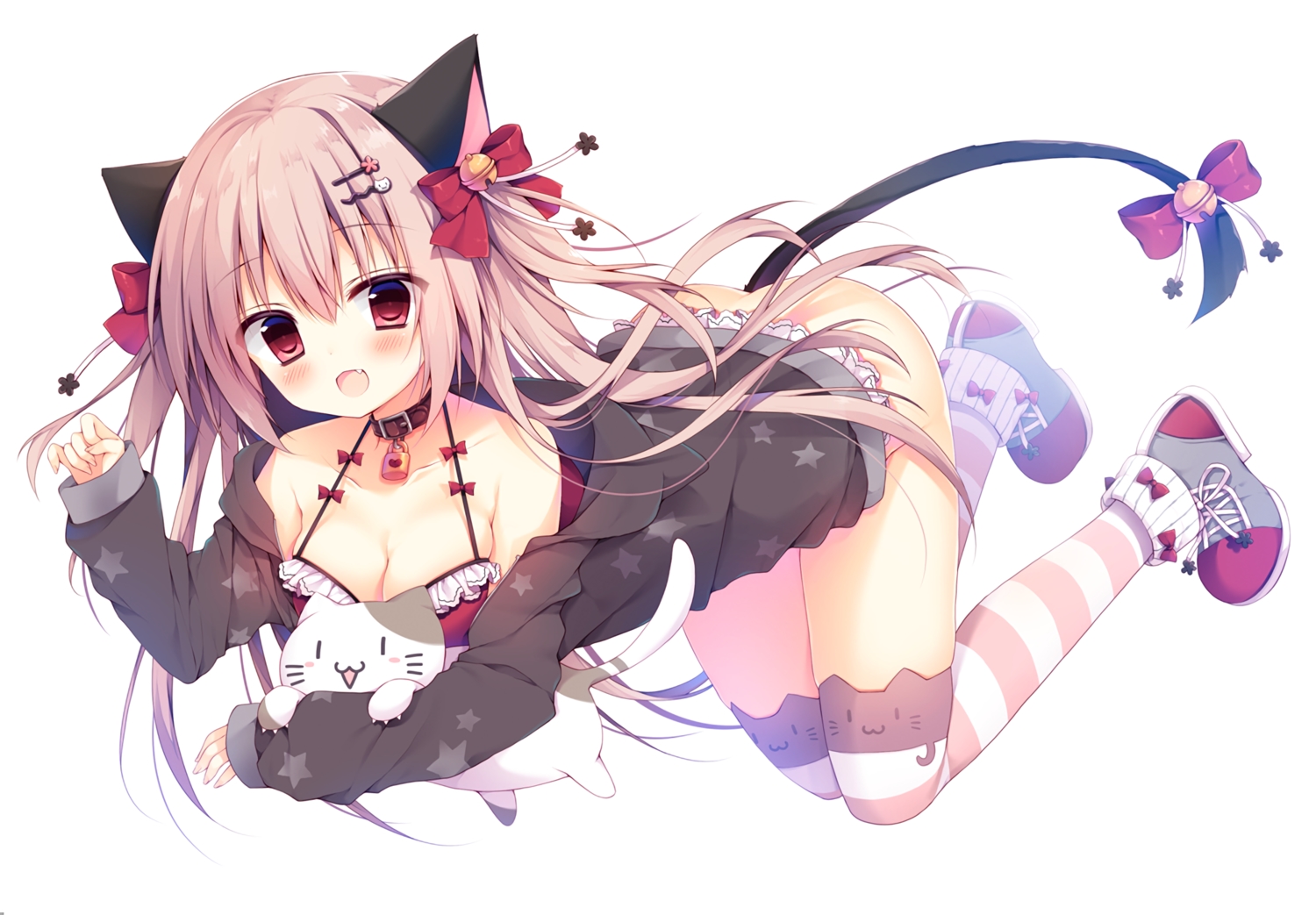 animal, animal_ears, bell, blush, bottomless, bow, breasts, cat, catgirl, cleavage, collar, fang, izumiyuhina, long_hair, original, pink_hair, red_eyes, tail, thighhighs, waifu2x, white