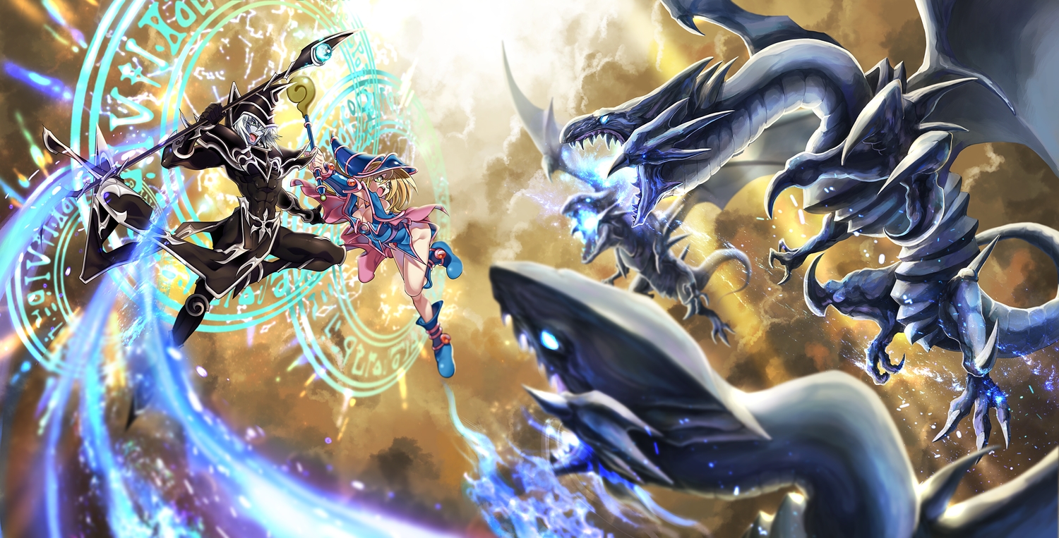 blonde_hair, blue-eyes_white_dragon, breasts, cleavage, dark_magician, dark_magician_girl, dragon, green_eyes