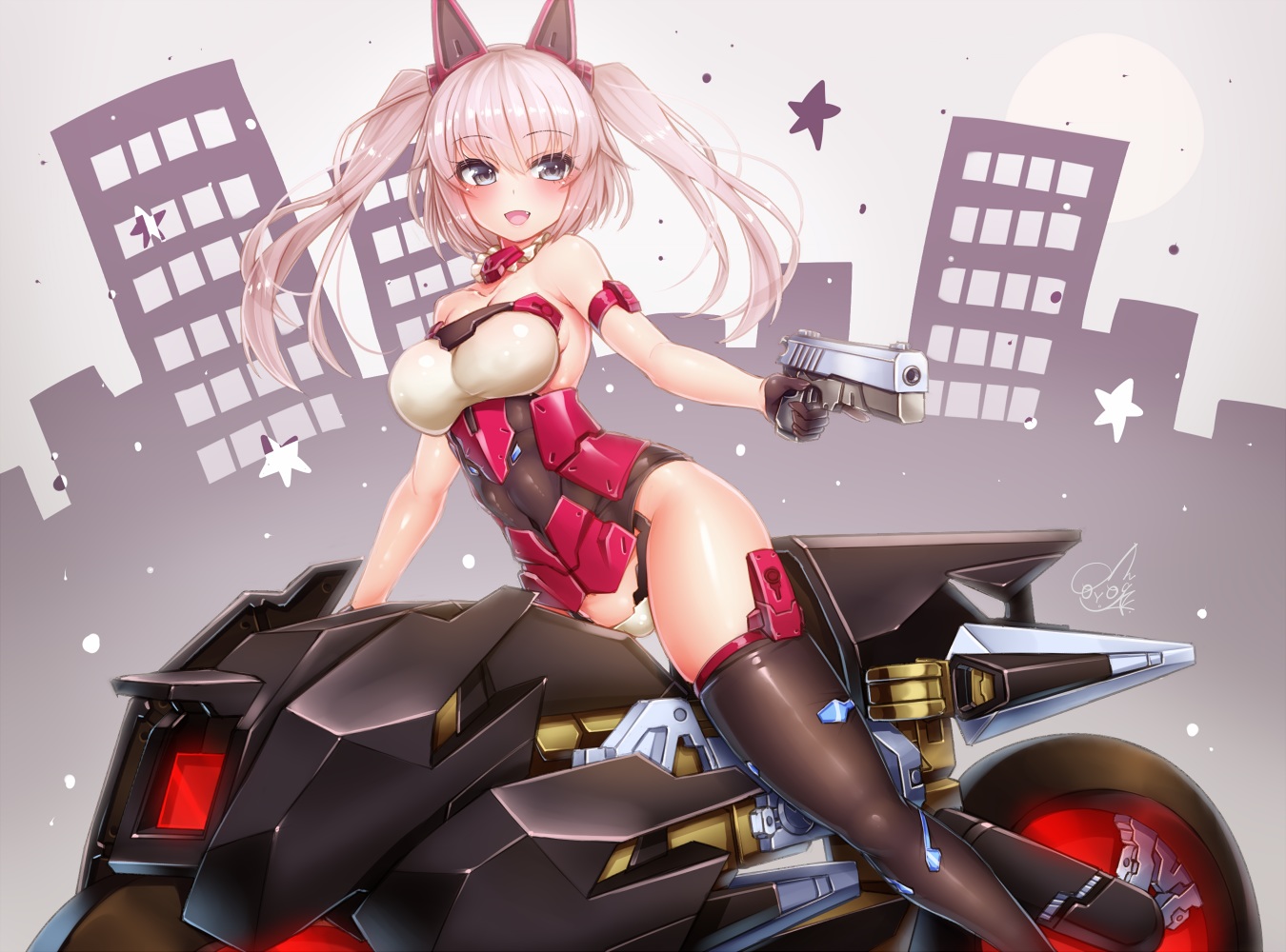 blonde_hair, blush, bodysuit, breasts, doyouwantto, fang, frame_arms_girl, garter, gloves, gray_eyes, gun, innocentia, long_hair, motorcycle, navel, signed, skintight, thighhighs, twintails, weapon