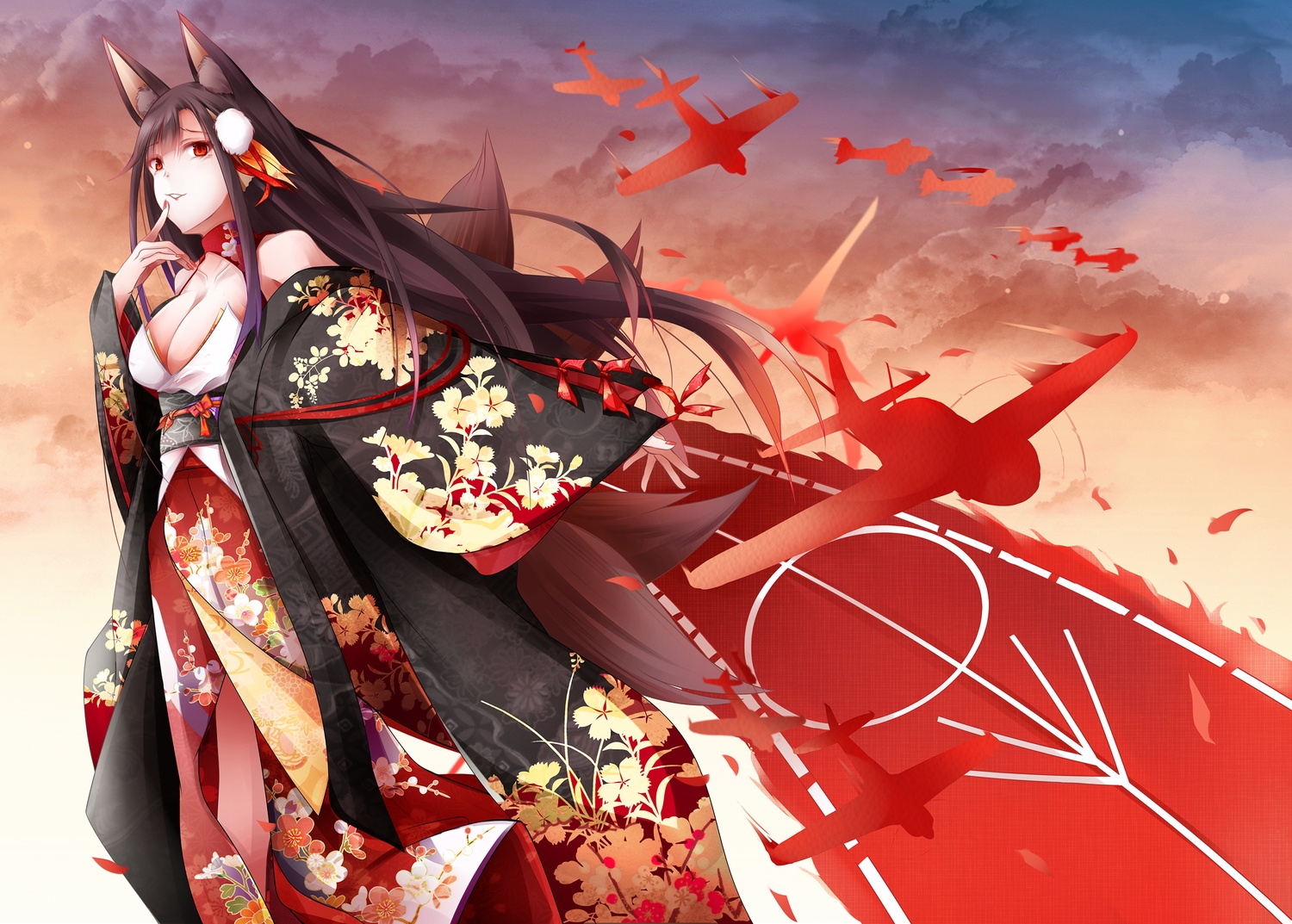 akagi_(azur_lane), animal_ears, anthropomorphism, azur_lane, bow, breasts, brown_hair, cleavage, clouds, foxgirl, fudo_shin, japanese_clothes, kimono, long_hair, multiple_tails, red_eyes, ribbons, sky, tail
