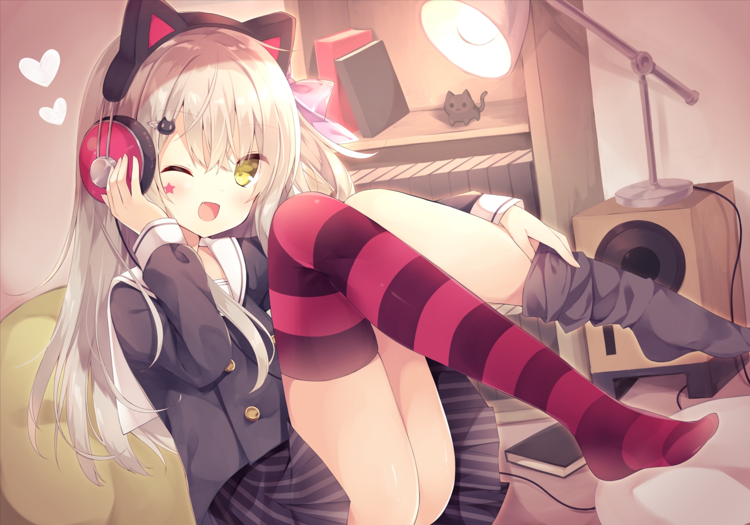 aliasing, animal_ears, blonde_hair, blush, book, fang, headphones, hoshi_(snacherubi), long_hair, original, school_uniform, skirt, thighhighs, undressing, wink, yellow_eyes