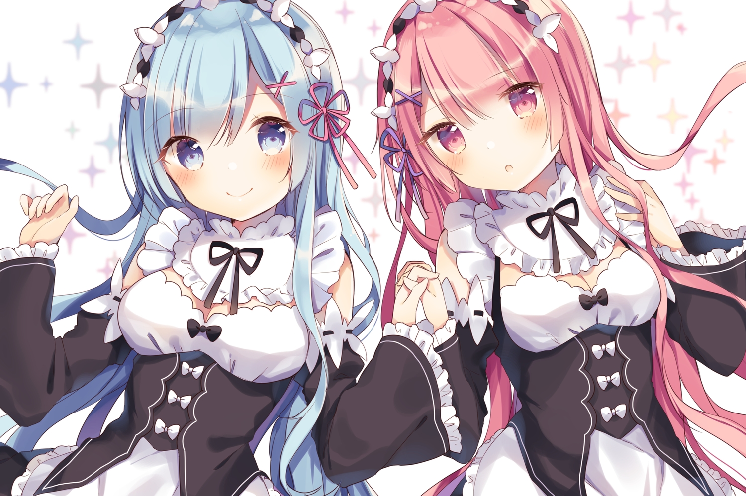 2girls, apron, aqua_eyes, aqua_hair, blush, bow, headdress, long_hair