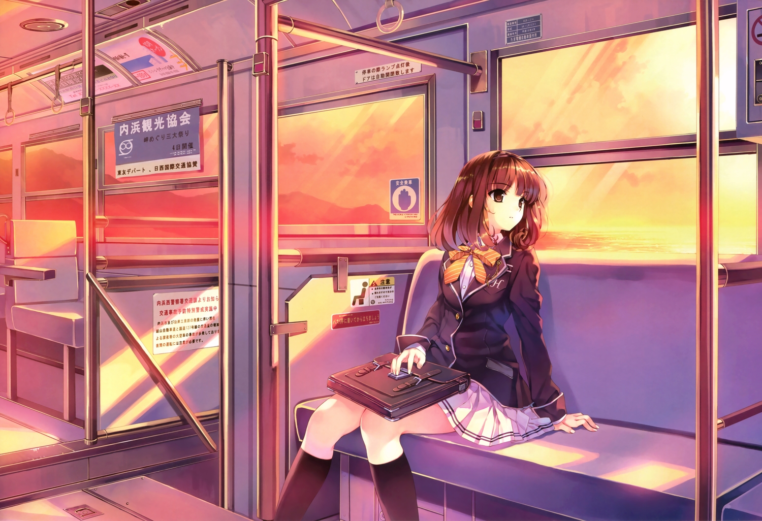 bow, brown_eyes, brown_hair, clouds, kneehighs, misaki_kurehito, sasaki_kaori, scan