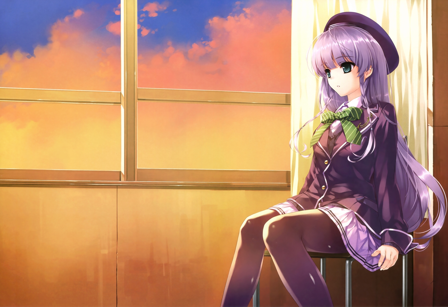 aqua_eyes, bow, clouds, furukawa_yui, hat, kuroya_shinobu, long_hair, purple_hair