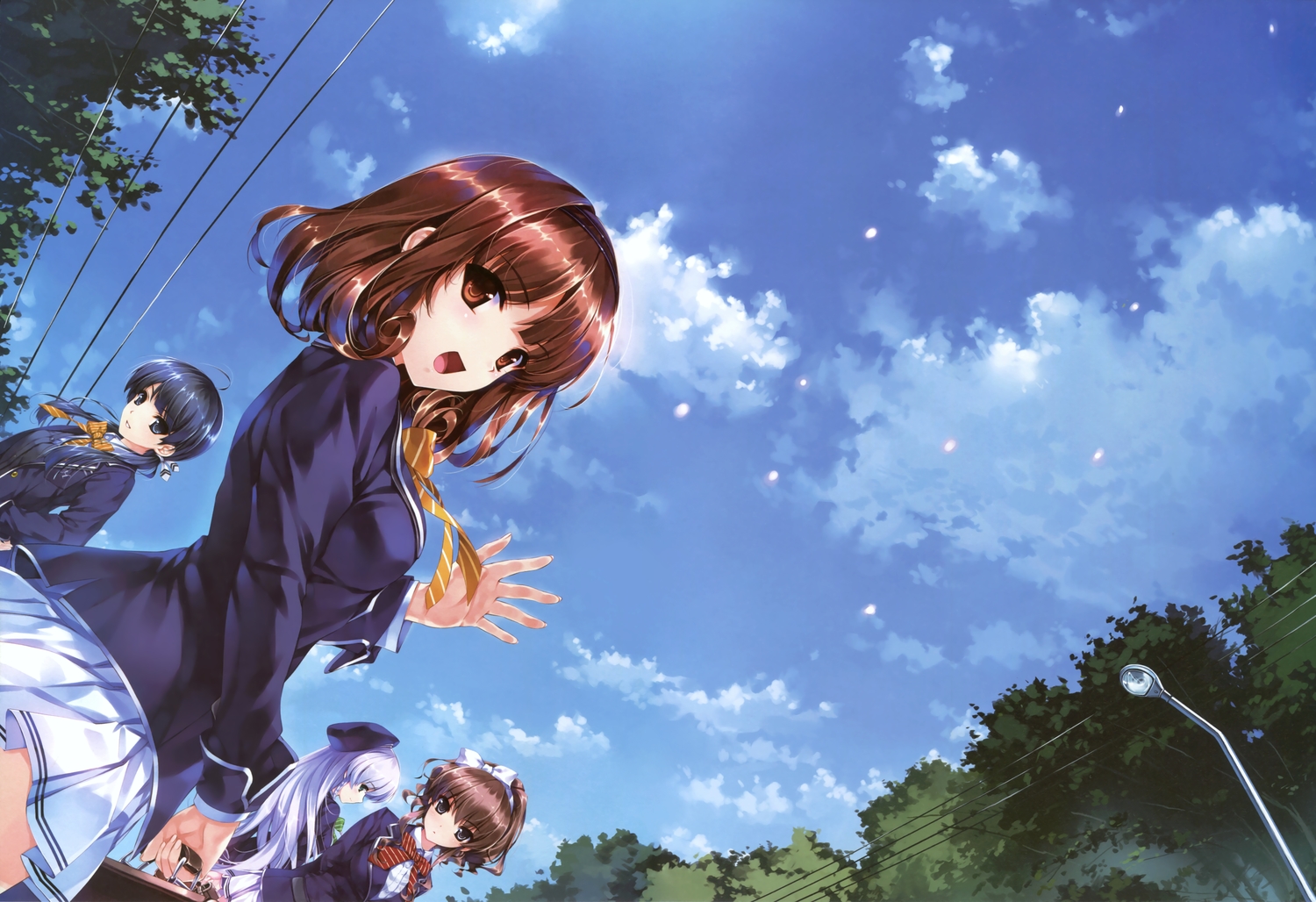 bike_shorts, blue_eyes, blue_hair, bow, brown_eyes, brown_hair, clouds, furukawa_yui, hanamiya_nagisa, hasekura_airi, hat, kuroya_shinobu, long_hair, misaki_kurehito, sasaki_kaori, scan, school_uniform, shorts, skirt, sky, trumple, ushinawareta_mirai_wo_motomete, white_hair